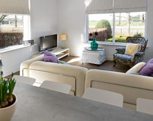 a living room with two couches and a tv at Het Appense veld in Klarenbeek