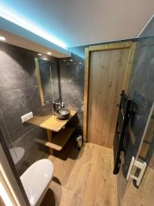 a bathroom with a toilet and a sink and a door at Rendez-vous au studio in Valloire
