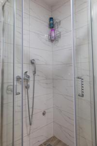 a bathroom with a shower with a glass door at Apartman Agin Kutak in Bajina Bašta