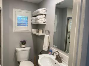 a bathroom with a toilet and a sink and a mirror at Modern 2/1 Apt near Midtown and Beaches in Miami