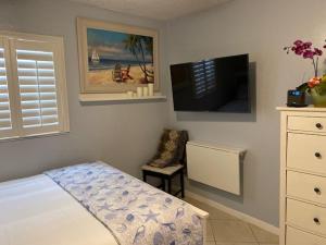 um quarto com uma cama e uma televisão de ecrã plano em Modern 2/1 Apt near Midtown and Beaches em Miami