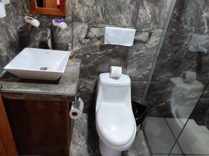 Łazienka z białą toaletą i umywalką w obiekcie Tree houses Bosque Nuboso Monteverde w mieście Monteverde