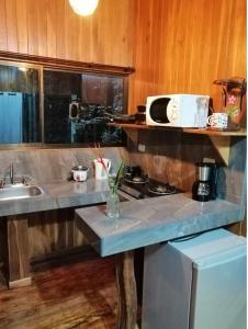 a kitchen with a counter top with a microwave at Tree houses Bosque Nuboso Monteverde in Monteverde Costa Rica
