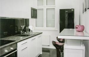 ギジツコにあるNice Apartment In Gizycko With 3 Bedroomsのキッチン(ピンクの花瓶が置かれたカウンター付)