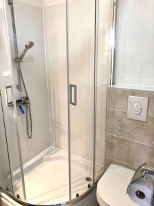 a bathroom with a shower and a toilet at Apartments Lucie in Biograd na Moru