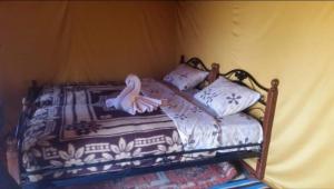 a bed with a wooden frame in a room at Chegaga desert Trips camp 4&4 in Mhamid