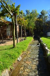 un camino de piedra junto a una casa con árboles en Cabañas AHOPIEDRA en Vicuña