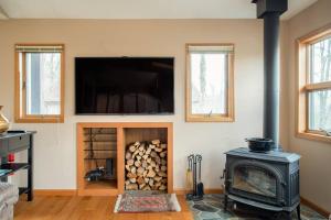 een woonkamer met een houtkachel en een flatscreen-tv bij Mountaintop Lookout with Hot Tub under the Stars in Hunter