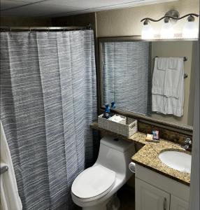 a bathroom with a toilet and a shower curtain at Sea Chase with an ocean view at Casa Del Mar in Galveston