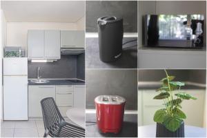 un collage di foto di una cucina con un bidone della spazzatura di Studio La Pivoine, en bord de mer a Les Trois-Îlets Altre 9 foto