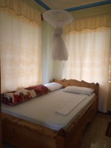 Lushoto的住宿－Galapagos Homestay，一张位于房间的床,上面有两个枕头