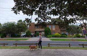 una mujer paseando a un perro con una correa en Keilor Motor Inn en Keilor