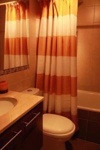 une salle de bain avec toilettes et rideau de douche dans l'établissement Aparthotel Santiago Capital, à Santiago