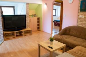 a living room with a couch and a flat screen tv at Apartma Ivano in Bohinj +1 photo