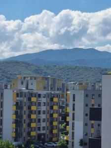 a view of some buildings with mountains in the background at Best View Apartment in Braşov