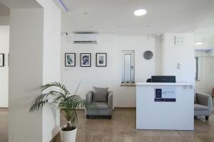 een wachtkamer met een stoel en een plant bij Phaedrus Living: Luxury Suite Nicosia 501 in Nicosia