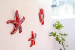 três estrelas-do-mar vermelhas penduradas numa parede branca em Casa ToRi em Siracusa