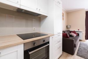 a kitchen with a sink and a couch in a room at Czarnieckiego Apartment with Balcony Poznań by Renters in Poznań