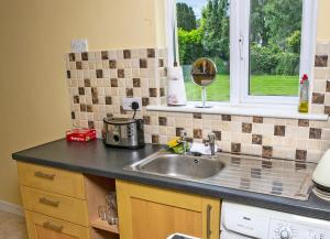 um balcão de cozinha com um lavatório e uma janela em Garden Holiday Cottage by Trident Holiday Homes em Clogheen