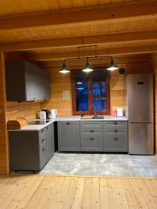 una cocina con electrodomésticos de acero inoxidable en una cabina en Domek nad jeziorem Winiec, en Miłomłyn