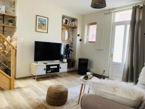 salon z kanapą i telewizorem w obiekcie Le Cocon des Hortillonnages d'Amiens w mieście Camon