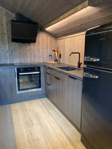a kitchen with a black refrigerator and a sink at Jotunheimen Husky Lodge in Randsverk