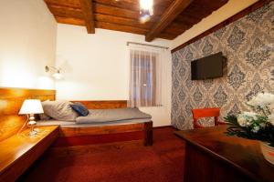 Cette chambre comprend un lit, un bureau et une télévision. dans l'établissement Hotel Galerie, à Roudnice nad Labem