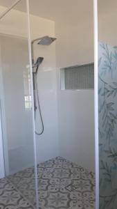 um chuveiro na casa de banho com uma cortina de chuveiro em Butterfly Cottage em Tumut