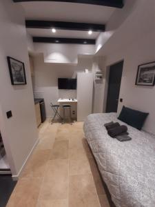 a bedroom with a bed and a desk in it at la studette du théâtre in Boulogne-Billancourt