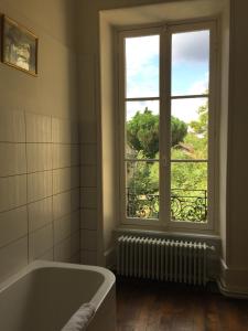 a bathroom with a bath tub and a window at Le Jardin des Lys in Saint-Léonard-de-Noblat