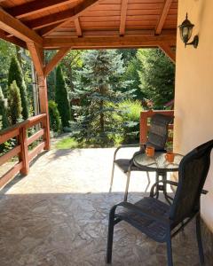 een patio met een tafel en stoelen op een veranda bij TreeHouse in Pădurea Neagră
