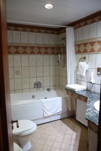 a bathroom with a tub and a toilet and a sink at The Mill Hotel in Kakopetria