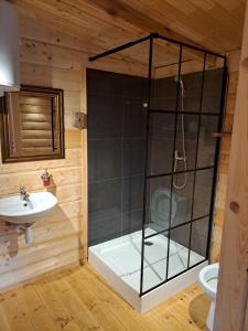 a bathroom with a shower and a sink at Mazurska Ostoja na Półwyspie - domki przy samym jeziorze in Mrągowo +212 photos