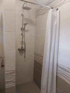 a shower with a white shower curtain in a bathroom at Szépasszonyvölgy Apartman in Eger