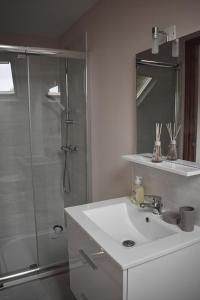 Un baño con lavabo blanco y ducha. en Le Noble Jardin, en Mohon