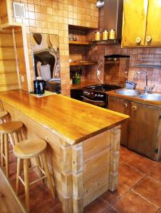 a kitchen with a wooden counter top and a sink at Cztery Pory Roku - Dom in Lutowiska