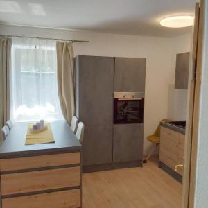 eine kleine Küche mit einer Theke und einem Fenster in der Unterkunft Gemütliche Wohnung mit Küche und Netflix in Klingenthal