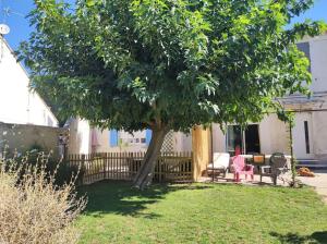 uma árvore num quintal ao lado de uma cerca em Mas provençal au cœur des vergers em Vallabrègues
