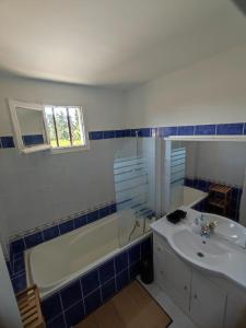 uma casa de banho com uma banheira e um lavatório e uma banheira em Mas provençal au cœur des vergers em Vallabrègues