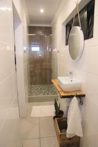 een badkamer met een douche en een wastafel bij Nini's guest units in Bloemfontein