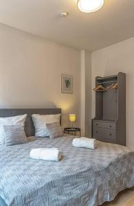 1 dormitorio con 1 cama grande y 2 almohadas en Top modern zentral Balkon+WLAN, en Magdeburgo
