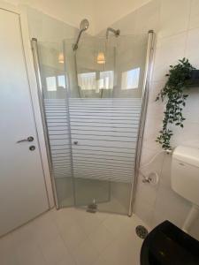 a shower with a glass door in a bathroom at Apartment Oskar Beach in Bat Yam