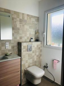 a bathroom with a toilet and a sink and a window at Chambre à Louer sur bonifacio in Bonifacio