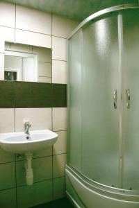 y baño con lavabo y ducha acristalada. en Motelis Jonučiai, en Garliava