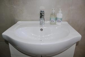 - un lavabo blanc avec 2 bouteilles dans l'établissement Oakview Self Catering B&B, à Frankfort