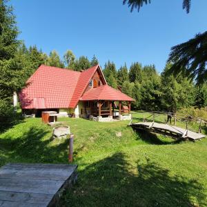 ein großes Haus mit einem roten Dach und einer Brücke in der Unterkunft Doi Frati in Topliţa