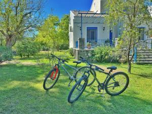 two bikes parked in the grass in front of a house at Villa Lefka in Melíkia
