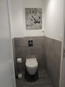 uma casa de banho com WC e uma pintura na parede em Maison d’hôte neuve : T2 pour 4 voyageurs em Mios