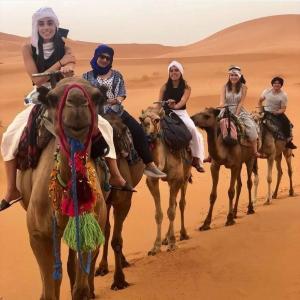 a group of people riding camels in the desert at Erg Chegaga Camp Excursions in Mhamid
