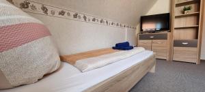 Schlafzimmer mit einem Bett und einem Flachbild-TV in der Unterkunft Haus Dori in Krummhörn
